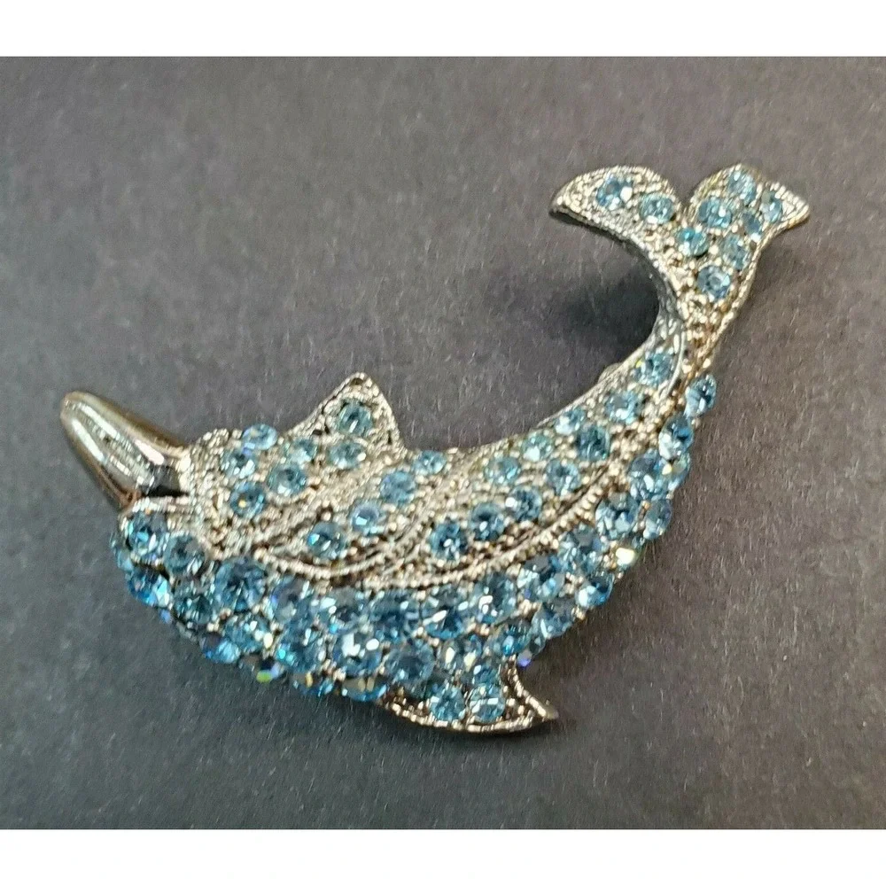 Silver Tone Metal & Blue Rhinestones Dolphin Porpoise Brooch Pin